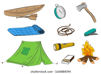 camping gear bundle set vector illustration design icons. axe, tent, folding knife, ropes and others