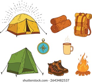 Camping gear cartoon illustration set in color, featuring tents, campfire, backpack, hiking boots, compass, and other outdoor essentials. Ideal for posters, stickers, infographics.