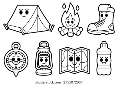 Colección de equipo de camping con carpas felices fogata