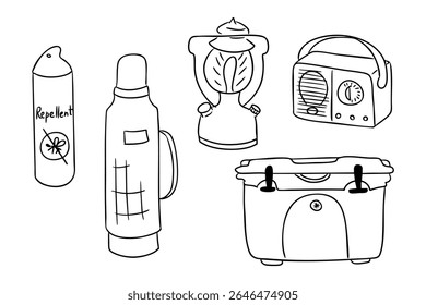 Camping gear doodle set in black and white line art style, including thermos, cooler, mosquito spray, lantern, and radio. Represents outdoor adventure, summer camping essentials and survival equipment