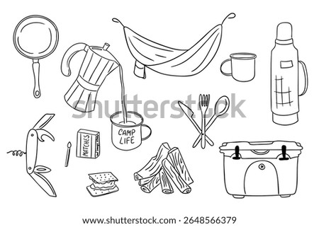 Camping gear and essentials hand drawn in black outline style, including cookware, hammock, and outdoor tools. Concept of adventure, outdoor lifestyle, and camping preparation.
