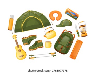 Camping Gear Flat Color Vector Objects Set. Travel Equipment. Trekking Poles. Tent And Guitarra. Adventure Journey. Hiking Essentials 2D Isolated Cartoon Illustration On White Background