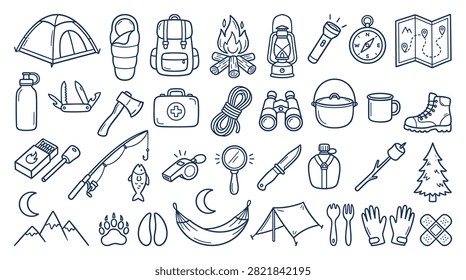 Camping gear hand drawn doodle collection featuring essential items for outdoor adventure travel and hiking enthusiasts isolated on white background with various equipment like tents backpacks lanterns and fishing tools for wilderness exploration and leisure activities.