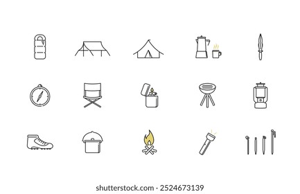 Camping Gear Icon Set - Vector Illustration, Outdoor Equipment, Tent, Lantern, Sleeping Bag, Knife, Campfire, Flashlight