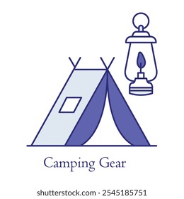 Ícone de equipamento de acampamento - tenda e lanterna que representa a configuração de acampamento ao ar livre.