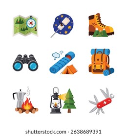 Camping gear icons arranged on a white background; map, marshmallow, and campfire are shown.