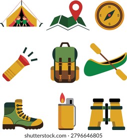 Camping gear icons set including tent compass flashlight backpack canoe and boots.