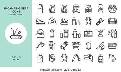 Camping Gear Icons Set. Vector Collection of Outdoor Equipment and Tools. Symbols of Backpack, Lantern, Shower, Knife, Multitool, Utensils, Sleeping Bag, Kettle, First Aid Kit, Raincoat and more.