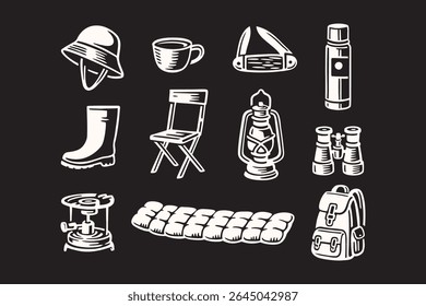 camping gear icons in vintage style. outdoor adventure equipment retro silhouette symbol element design set. hand-drawn camping tools for survival and travel rustic vector illustration design