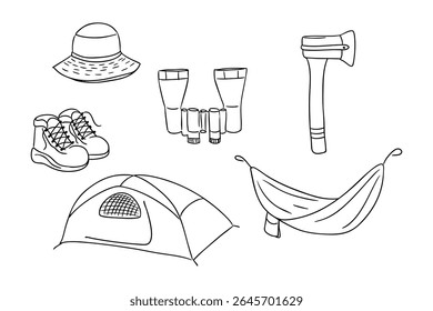 Camping gear including tent, hammock, boots, axe, flashlight and hat drawn in simple black outline. Concept of outdoor adventure, nature exploration and survival equipment