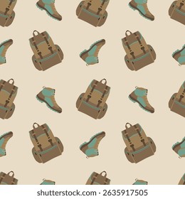 Camping Gear Seamless Pattern with Backpacks and Hiking Boots. Seamless pattern of camping gear, showcasing backpacks and hiking boots. Ideal for outdoor themes, adventure designs, and fabric prints.