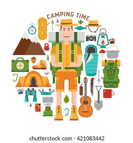 Camping gear set. Backpacking element set. Hiking outdoor equipment in flat style. Hike and camp icon concept collection and vector travel hiker character isolated on white background. Backpacker man