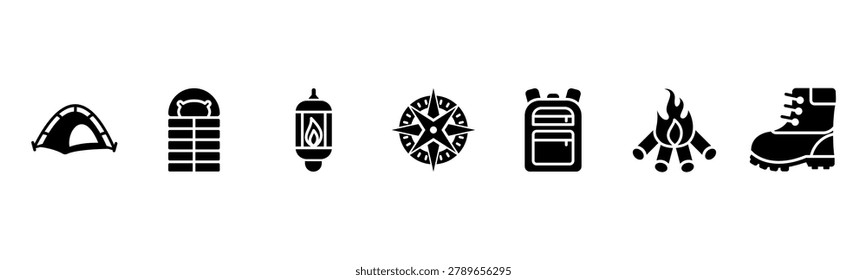 Camping Gear set featuring Tent, Sleeping Bag, Lantern, Compass, Backpack, Campfire, Hiking Boots for outdoor adventure visuals.