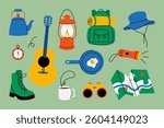 Camping gear set. Flat illustration of hiking and outdoor essentials: backpack, lantern, boots, guitar, flashlight, binoculars, map, and cooking items. Perfect for travel, trekking, adventure themes