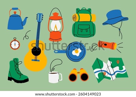Camping gear set. Flat illustration of hiking and outdoor essentials: backpack, lantern, boots, guitar, flashlight, binoculars, map, and cooking items. Perfect for travel, trekking, adventure themes