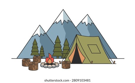 Camping gear set with green tent and campfire nestled at the base of snow capped mountain peaks amidst pine trees in a tranquil outdoor setting.