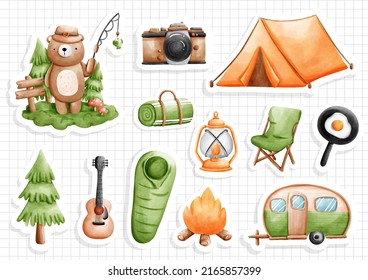 camping gear sticker, camping time sticker sheet. Vector illustration