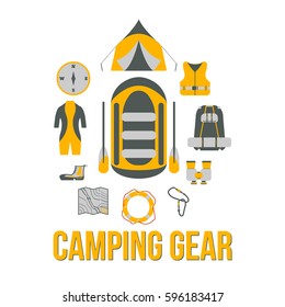 Camping Gear. Tourism equipment. River boat trip web elements. Vector illustration.