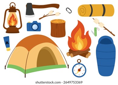 Camping gear vector set with tent, campfire, lantern, sleeping bag, and outdoor equipment. Flat style illustration pack featuring hiking essentials: backpacking tent, burning fire, marshmallows 
