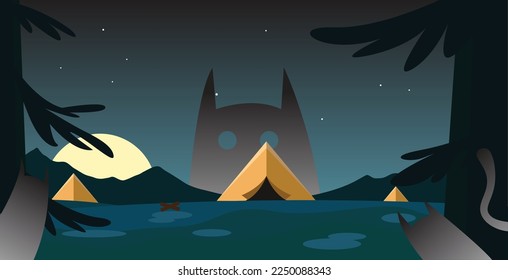 Camping with a ghost cat. illustration of camping with a view of the night sky, which is being watched by a strange creature. perfect for backgrond, wallpaper, etc