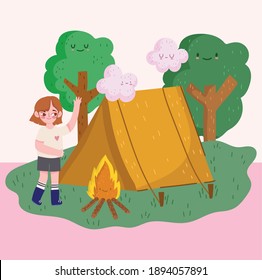 camping, girl campsite with bonfire tent forest in cartoon style vector illustration