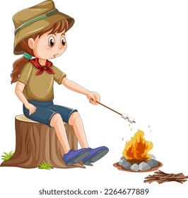 Camping girl roasting marshmallow illustration