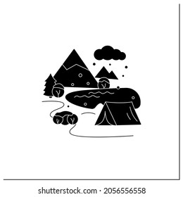 Camping glyph icon.Tent on river landscape background. Snowy weather. Adventure tourism. Green, eco tourism.Nordic outdoor activities concept.Filled flat sign. Isolated silhouette vector illustration