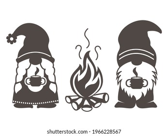 camping gnome vector. Cute scandinavian gnomes with camping in cartoon style.