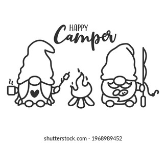 Camping gnomes. A couple gnomes sitting in front of a campfire to grill on a hot summer night.