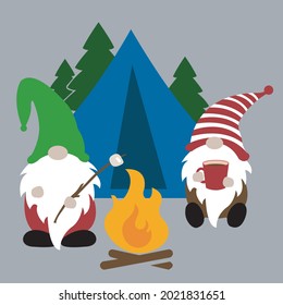 Camping gnomes svg vector illustration isolated on white background.Camper Gnomes are sitting near the tent. Happy camper gnome. Camping shirt design. Gnome campers. Travel illustration for family