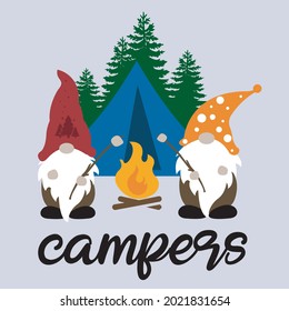 Camping gnomes svg vector illustration isolated on white background.Camper Gnomes are sitting near the tent. Happy camper gnome. Camping shirt design. Gnome campers. Travel illustration for family