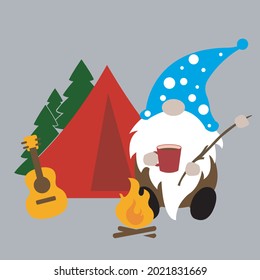 Camping gnomes svg vector illustration isolated on white background.Camper Gnomes are sitting near the tent. Happy camper gnome. Camping shirt design. Gnome campers. Travel illustration for family
