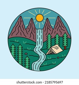 Camping in the good nature with waterfall graphic illustration vector art t-shirt design