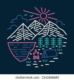 Camping con buena vista de las montañas y la ilustración gráfica del río diseño de camisetas vectoriales de arte