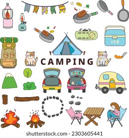 Camping goods - resort campfire, car camping, design and illustration