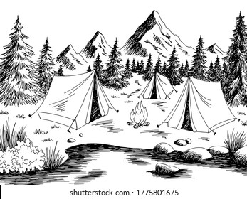Camping graphic black white mountain landscape sketch illustration vector