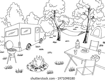 Camping graphic black white mountain landscape sketch illustration vector 