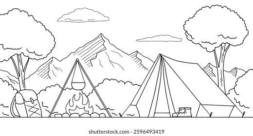 Camping graphic black white mountain landscape sketch illustration vector 