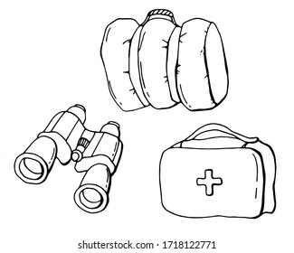 Camping graphic elements. Binoculars, first aid kit, sleeping bag. Line art. White background, isolate. Stock illustration.