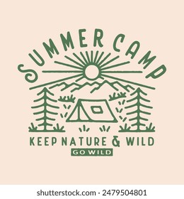 camping graphic forest design mountain sunshine vintage outdoor mono line logo simple