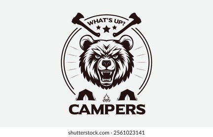 Camping graphic with a roaring bear, Ready To Print Camping Vector T Shirt Design Template, Wall Art, Mug, Sticker, Banner, Tee, Hoodie, Printable, Illustration