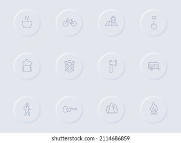 camping gray vector icons on round rubber buttons. camping icon set for web, mobile apps, ui design and promo business polygraphy