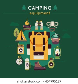 Camping green color composition with icon set on hiking and camping theme vector illustration