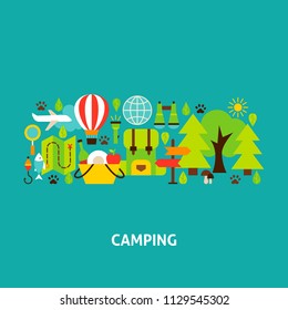 Camping Greeting Card. Flat Design Vector Illustration. Camp Poster.