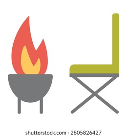 Camping grill with camp chair isolated on white background. Outdoor cooking and relaxing equipment for campsite. Flat vector illustration