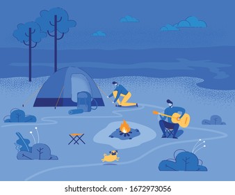 Camping Ground with Blue Tent and Campfire on Night Starry Sky Background. Tourists Friends, Men Cartoon Characters Setting Camp and Singing Songs. Hiking, Outdoor Activity. Flat Vector Illustration.