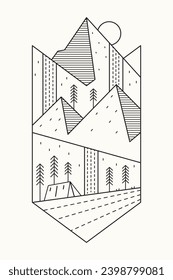 The camping ground mountain and waterfall outdoor mono line design for badge, sticker, patch, t shirt design