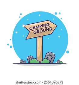 Camping ground plank sign information illustration vector. Flat cartoon style. Sign, arrow, wooden, grass and rocks 