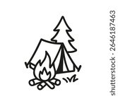 A camping ground is shown. There is a tent, a fire, and a pine tree. The entire drawing has a hand drawn look with an artistic black line