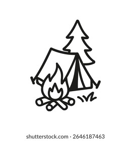 A camping ground is shown. There is a tent, a fire, and a pine tree. The entire drawing has a hand drawn look with an artistic black line
